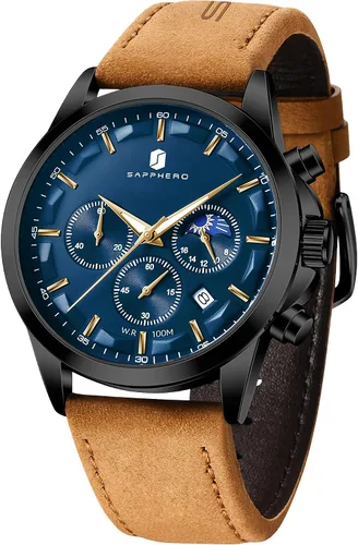 Vista 12 de SAPPHERO Relojes para hombre, cronógrafo, de acero inoxidable, impermeable, cuarzo, para negocios, casual, reloj de vestir para hombre, fecha Negro