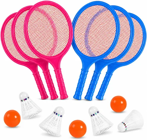 Vista 8 de Juego de raqueta de bádminton para niños, niños pequeños con paletas, pelota y pájaro, para estudiantes de jardín de infantes, deportes al aire