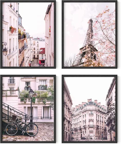 Vista 12 de HAUS AND HUES Decoración de pared de París rosa, juego de 4 impresiones artísticas de París, decoración estética de París para dormitorio o baño