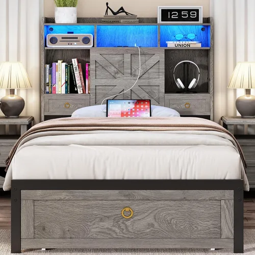 Vista 9 de TIGUBFRE - Base de cama individual con cabecera de almacenamiento, base de cama de madera estilo granja tamaño individual con 3 cajones, luz LED