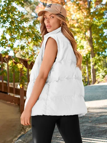Vista 4 de AUTOMET Chaleco acolchado para mujer, sin mangas, con cremallera, cálido, acolchado, ligero, cuello alto, con bolsillo