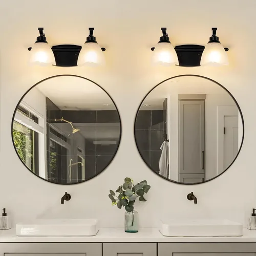 Vista 5 de Lámparas de baño (2 luces, 38 cm), luces de tocador mate negras para baño con pantalla de vidrio esmerilado blanco, luces de pared modernas