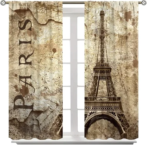 Vista 8 de Cortinas de la Torre Eiffel con letras de París y famosos monumentos en la pared desgastada para dormitorio, sala de estar, cortinas decorativas, 2