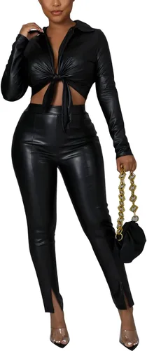 Vista 5 de Womens Sexy Faux Leather High Waist Split Hem Flare Leg Pants Trousers