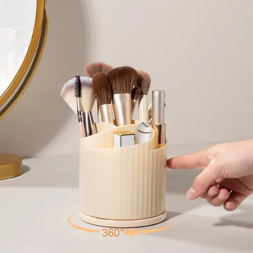 Vista 4 de Anyoifax Organizador giratorio de 360 brochas de maquillaje con 5 ranuras para brochas de maquillaje, taza en forma de flor, soporte para bolígrafo