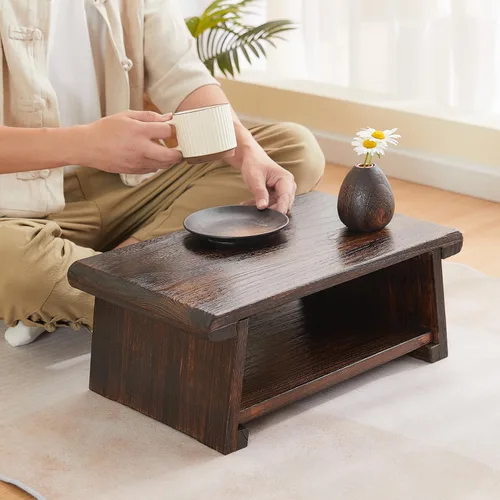 Vista 5 de Mesa de altar japonesa, mesa de piso plegable, pequeña mesa de meditación baja de madera, mesa de centro para sala de estar, marrón, 19.7 x 11.8 x