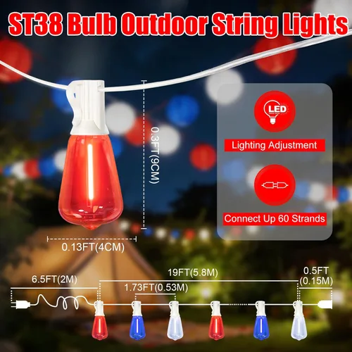 Vista 2 de Tira de luces LED ST38 de 26 pies (25.9 ft) con cable blanco, luces colgantes conectables y regulables para el día de la nación