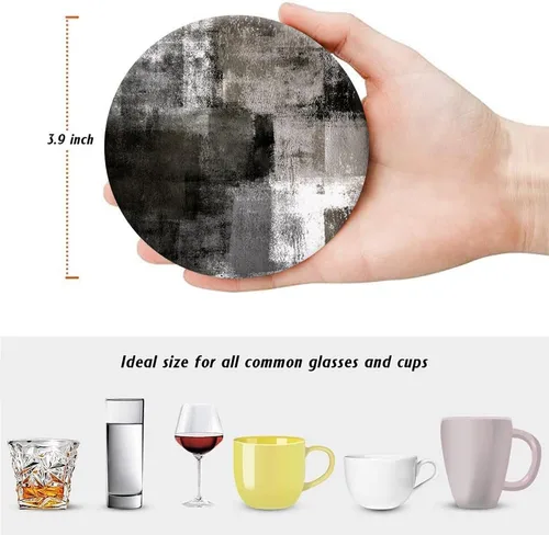 Vista 2 de LOKMU Posavasos para bebidas, juego de 6 posavasos redondos de cerámica absorbente con soporte de metal, posavasos de arte abstracto negro y gris