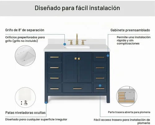 Vista 7 de ARIEL Cambridge - Mueble de baño con lavabo de 42 pulgadas, madera maciza, encimera de cuarzo blanco puro de 1.5 pulgadas, fregadero rectangular