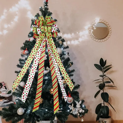 Vista 3 de Adorno de lazo grande para punta de árbol de Navidad y corona, lazo con cinta de poliéster con puntos verdes y rojos, para hogar, Acción de Gracias