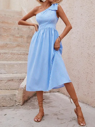 Vista 4 de ZJUAN Vestido con detalle de nudo de un hombro con rayas verticales para mujer