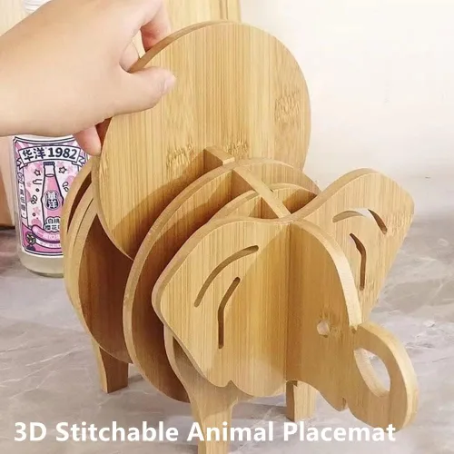 Vista 2 de Juego de 8 alfombrillas de cocina empalmes de elefante 3D empalmable, resistencia al calor, almohadillas calientes de bambú creativas