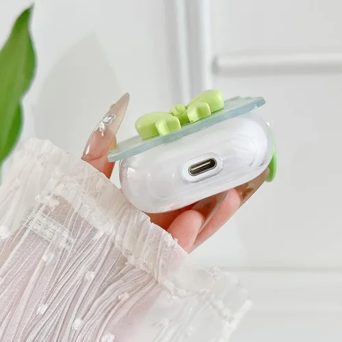 Vista 4 de Linda funda transparente para AirPods de 3ª generación, color verde, diseño de lazo femenino, TPU suave, a prueba de golpes, Kawaii Airpods