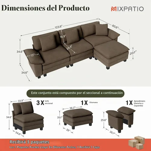 Vista 2 de MIXPATIO Sofá seccional modular en forma de L de 4 asientos de 124 pulgadas Topo
