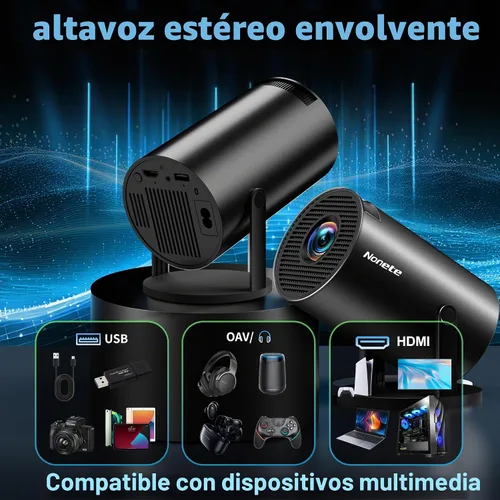 Vista 4 de Mini proyector 1080P, proyector 4K Full HD con WIFI 6 y Bluetooth 5.2, compatible con proyector portátil giratorio de 180° con corrección