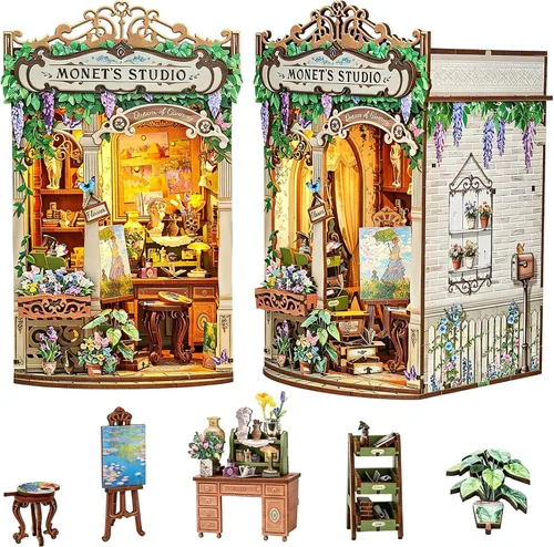 Vista 10 de Kit de casa en miniatura para bricolaje, kit de rincón de libro con luz LED, rompecabezas de madera 3D, kit de construcción de decoración de Jardín