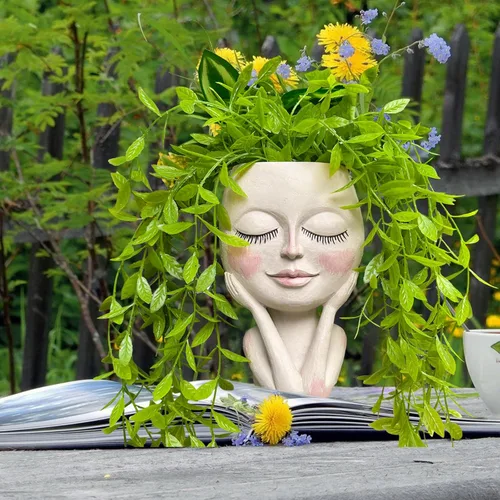 Vista 6 de Macetas Cara de Plantas en Forma de Cabeza - Lindas Macetas para Suculentas, Macetas para Plantas de Interior con Sistema de Drenaje, Regalos