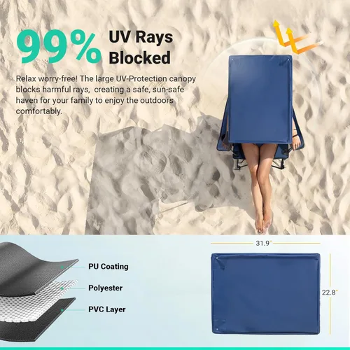 Vista 2 de Overmont - Silla de camping con toldo de 330 libras, silla de playa plegable resistente con bolsa enfriadora de 3 L, soporte de respaldo alto