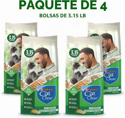Vista 4 de Purina Cat Chow Comida seca para gatos de interior con peso saludable y control de bolas de pelo con pollo - (Paquete de 4) Bolsas de 3.15 lb