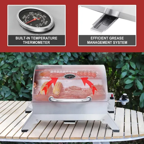 Vista 15 de Royal Gourmet GT1001 Parrilla portátil de acero inoxidable, 10000 BTU Parrilla de gas de mesa para barbacoa con patas plegables y tapa