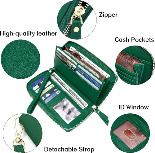 Vista 6 de Badiya Cartera para mujer con bloqueo RFID, soporte para tarjetas de crédito, de gran capacidad, con cierre de cuero, con cremallera alrededor