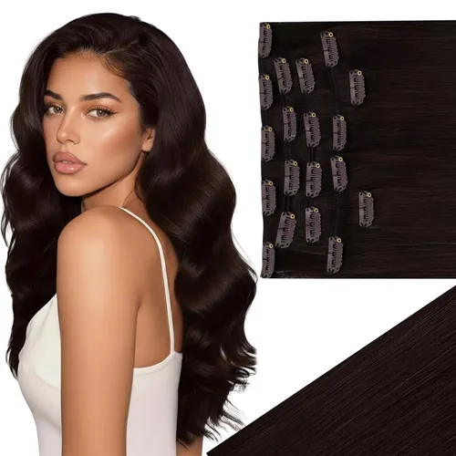 Vista 64 de Ve Sunny Extensiones de cabello clip-in de cabello humano real con reflejos, extensiones de cabello con clip para cabello corto, marrón oscuro