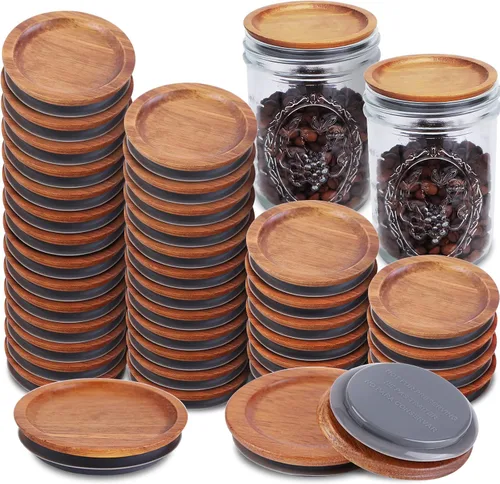 Vista 14 de 3 paquetes de tapas de boca regular y 3 paquetes de tapas de boca ancha para tarros de albañil de acacia, tapas de almacenamiento de tarros