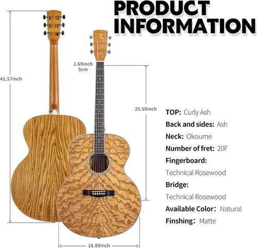 Vista 3 de TARIO 41 '' Antiguo Cuerpo Jumbo Guitarra Acústica Cuerpo Fresno Rizado Cuerpo Okoume Cuello Natural