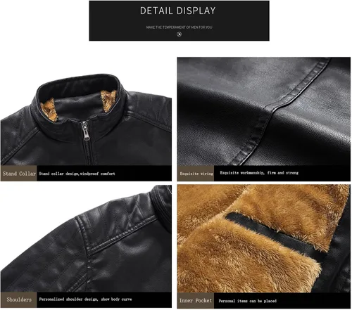 Vista 7 de Chaqueta de cuero a la moda para hombre Can-am, chaqueta de motocicleta gruesa con forro polar cálido, abrigo bombardero de invierno con bolsillos
