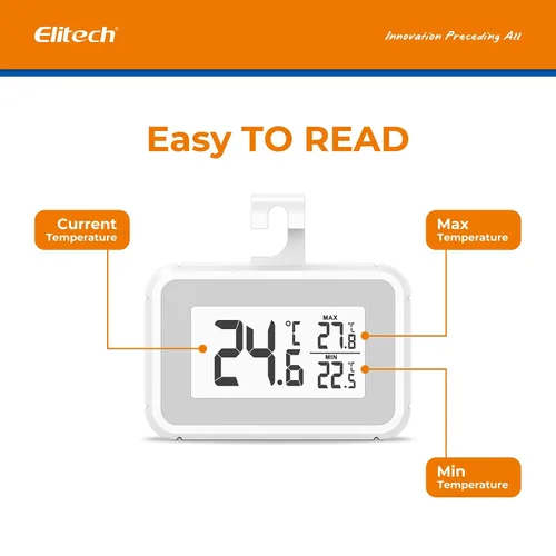 Vista 5 de Termómetro de frigorífico Elitech, termómetro digital para refrigerador y congelador a prueba de agua, pantalla LCD grande, función de registro
