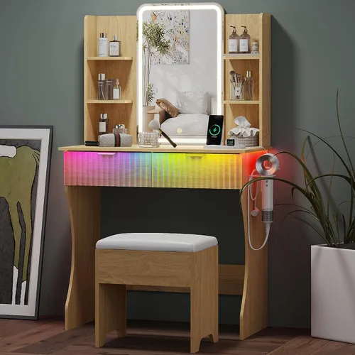 Vista 15 de HUANLEGO Pequeño escritorio rosa con espejo y luces para mujeres y niñas
