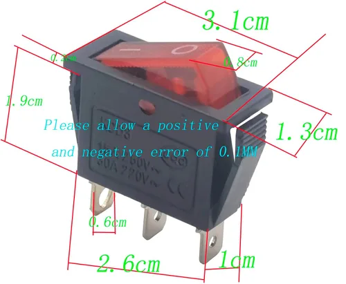 Vista 6 de Interruptor basculante iluminado de 3 pines y 2 posiciones en rojo para amoladora de escritorio, chimeneas eléctricas, lámparas de neón