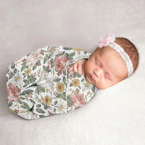 Vista 9 de Sweet Jojo Designs Manta para envolver al bebé con diseño floral bohemio de jardín y flores para bebé recién nacido, tejido ligero elástico