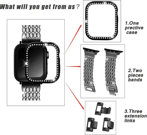 Vista 6 de Correas de repuesto de metal con diamantes de imitación brillantes de circonita cúbica para Apple Watch de 1.496 pulgadas, 1.575 pulgadas, 1.614