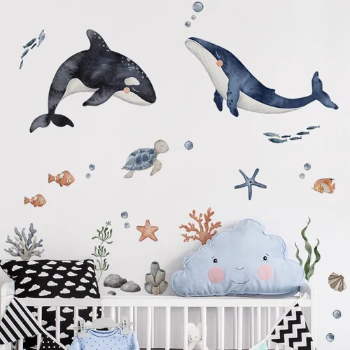 Vista 4 de funlife Calcomanías grandes de pared bajo el mar, despegar y pegar, decoración de pared de peces para habitación de niños, animales grandes