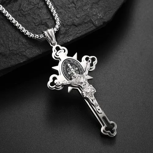 Vista 4 de Collar con colgante de cruz de oración del Señor de acero inoxidable con crucifijo de Jesucristo y versículo bíblico para hombresniñosmujeres