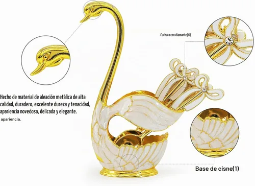 Vista 6 de Flylin Juego de cucharas de postre de café, soporte con base de cisne con 6 cucharas de helado, cucharaditas de café, postre y azúcar, cubiertos