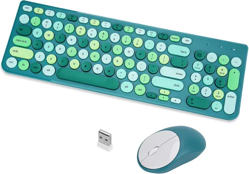 Vista 15 de Combo de teclado y mouse inalámbricos, teclado retro de máquina de escribir con teclas redondas, teclado inalámbrico USB de 2.4 GHz lindo