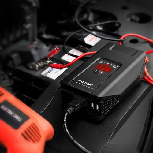 Vista 7 de POTEK - Inversor de corriente de 750W, adaptador de coche DC 12V a AC 110V, con dos puertos USB y puertos de carga AC para laptop, tableta, teléfono