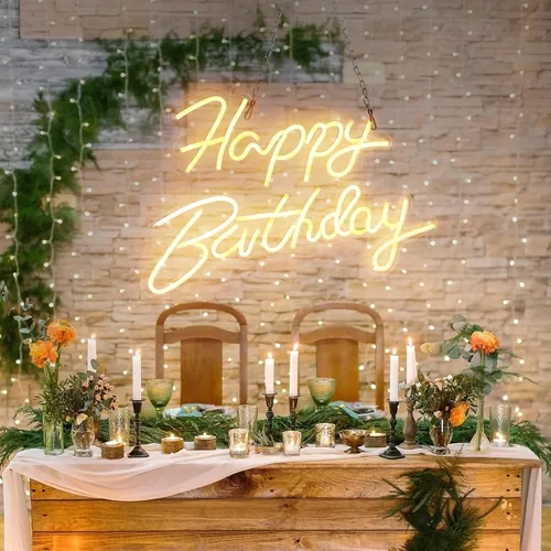 Vista 7 de Letrero de neón de feliz cumpleaños para decoración de pared, letrero de luz LED de neón con interruptor regulable, cartel iluminado de feliz