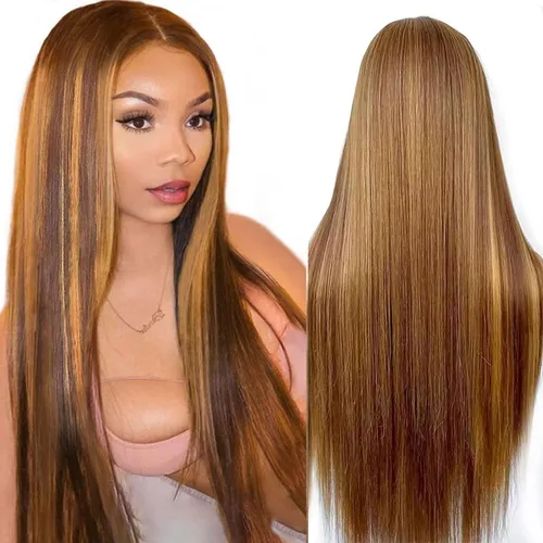 Vista 19 de Peluca de cabello humano lacio marrón con reflejos de 13 x 4, peluca frontal de encaje transparente #4, peluca corta Bob para mujeres negras