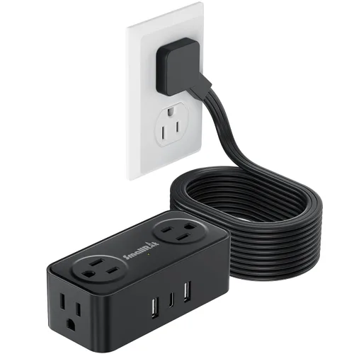 Vista 11 de SMALLRT - Regleta de alimentación con USB, cable de extensión plano de 2 piezas con múltiples tomas, barra de alimentación de enchufe plano de 3.3