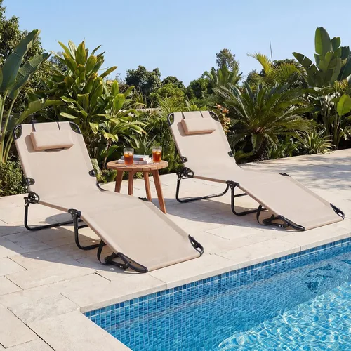 Vista 4 de Tangkula Sillón de playa, reclinable plegable para tomar el sol con agujero frontal, silla de bronceado boca abajo con respaldo ajustable de 4 Beige