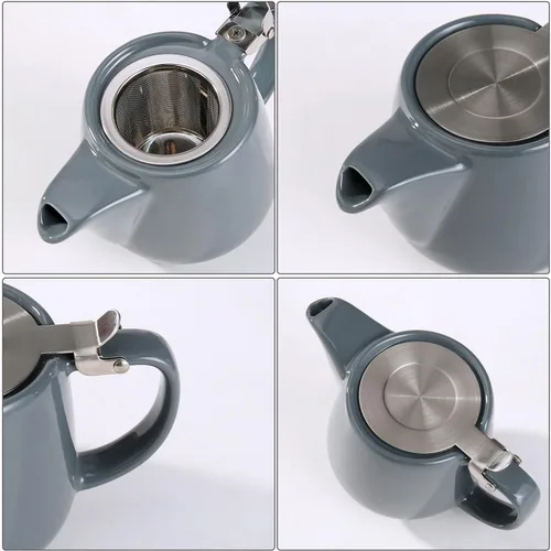 Vista 3 de Tetera de cerámica con infusor de acero inoxidable, resistente al calor, perfecta para hacer té, tetera gris 500ml/17oz
