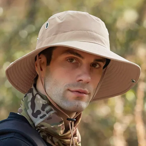 Vista 5 de Sombrero de cola de caballo para hombre, sombrero de ala ancha, protector solar al aire libre, plegable, sombrero de pesca de verano Beige