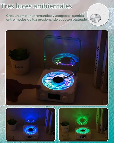 Vista 2 de Waves Altavoz Bluetooth de Vinilo, Estilo Reproductor de Discos de Vinilo con Ruido Blanco de Sonido Oceánico, Altavoces Bluetooth Retro con Luz