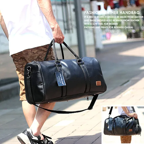 Vista 6 de Bolsa de viaje de cuero con bolsa para zapatos, bolsa impermeable para fin de semana, bolsa de lona de mano para hombres y mujeres, color negro