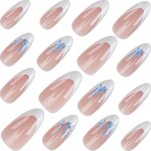 Vista 2 de Nude French Tip Acrylic Medium Almond Press on Nails Flower Fake Nails LHD-Almond-006-03
