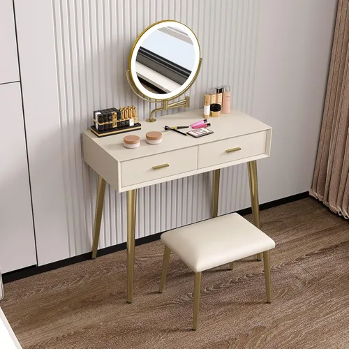 Vista 4 de Juego de escritorio con espejo giratorio de 360° y luces, pequeño tocador de maquillaje con cuero de microfibra, mesa de tocador con 2 cajones Beige