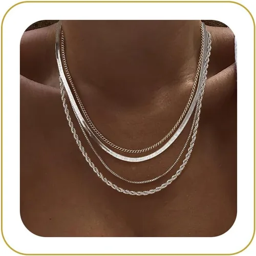 Vista 15 de Tewiky Layered Necklaces for Women Non Tarnish- Chunky 14k Gold Plated Herringbone/Snake/Rope/Box/Cuban Link Chain for Women Waterproof Layering